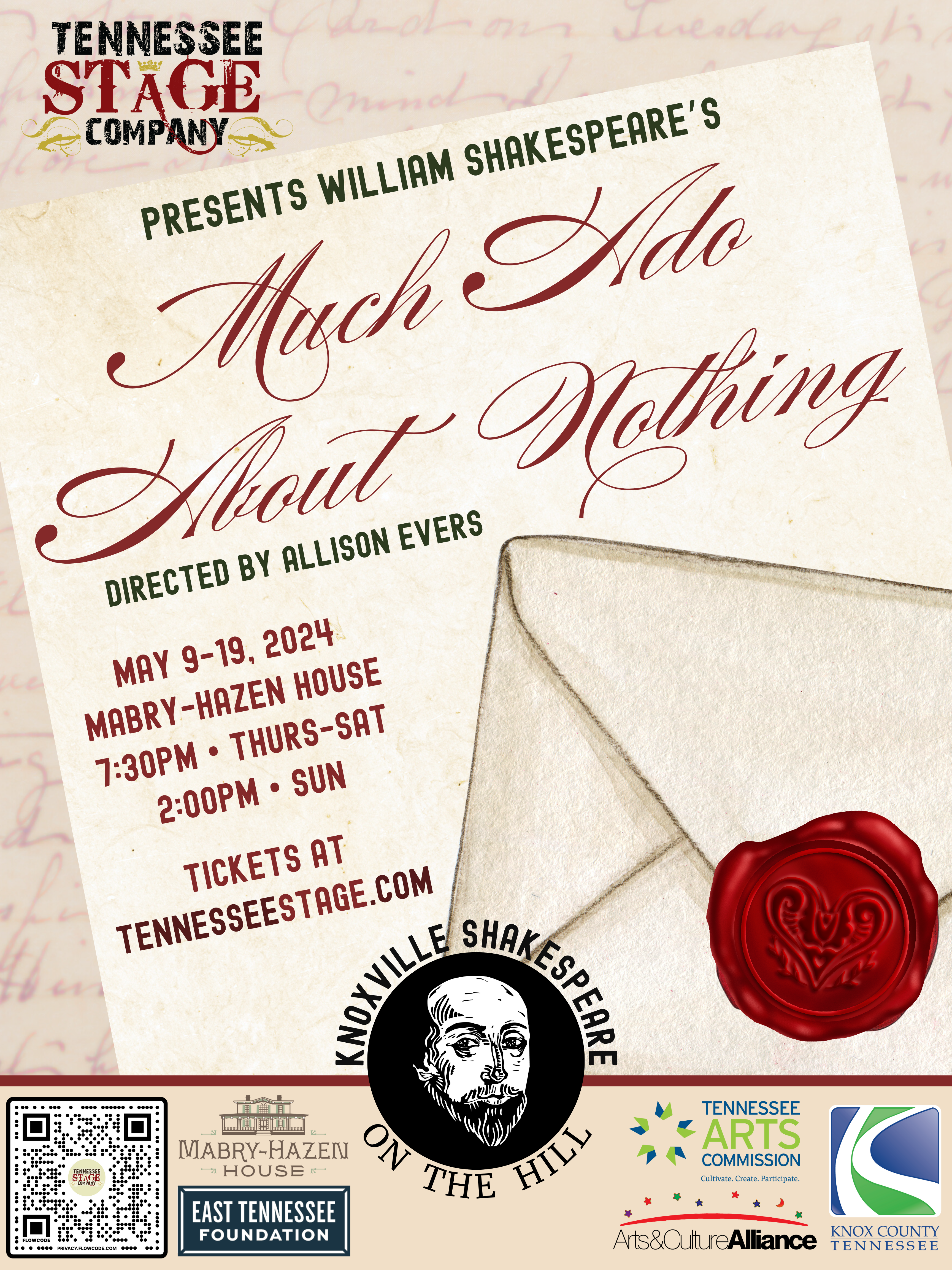 Tennessee Stage Company Presents Much Ado About Nothing by William Shakespeare. May 9th thru the 19th. Thursday thru Saturday night performances beginning at 7:30 pm. Sunday Matinee performances at 2 pm. Tickets available at TennesseeStage.Com