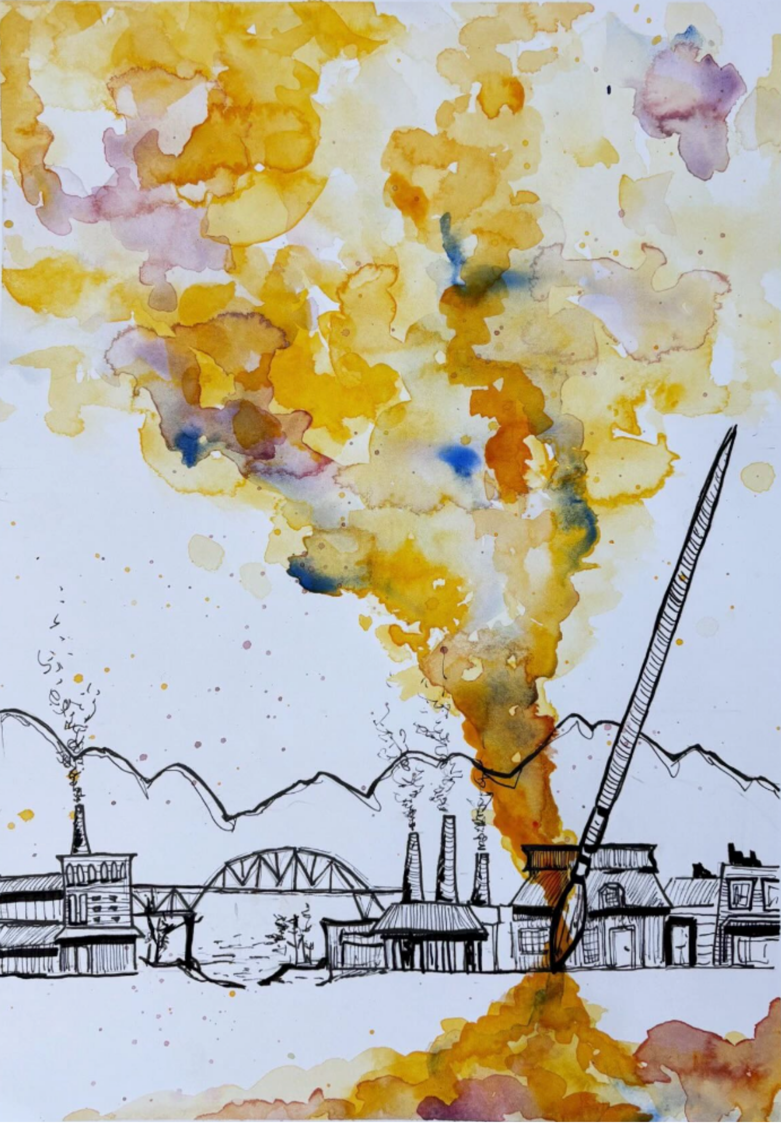 Illustration for "Landscape, With Color" by Jeanette Brown. Artwork by Sally Jerigan. Depicts the black and white drawing of a city in front of mountains. In the forefront of the image is a drawn paint brush that is releasing bright and watercolor-like ink into the "air" and "water" of the image. The colors have the feeling of colorful smoke created starting during the industrial revolution.